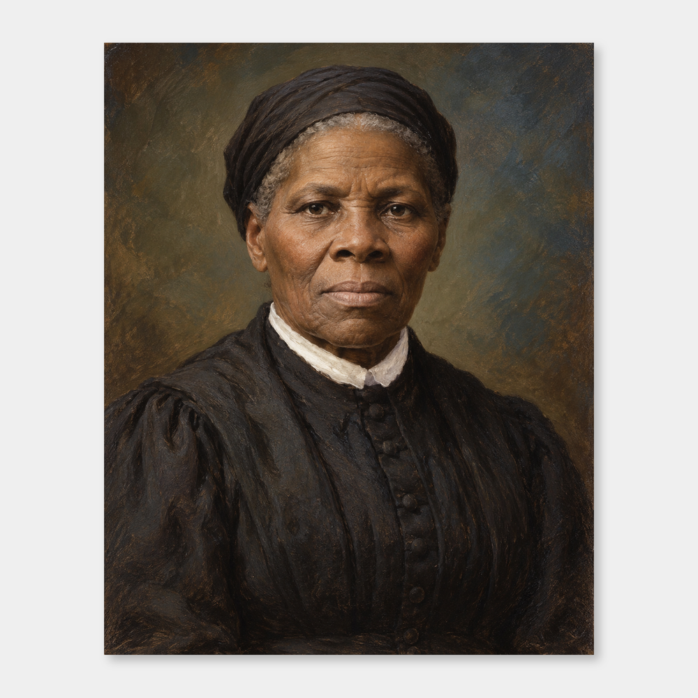 Harriet Tubman in an original full-color oil portrait displayed on a neutral background