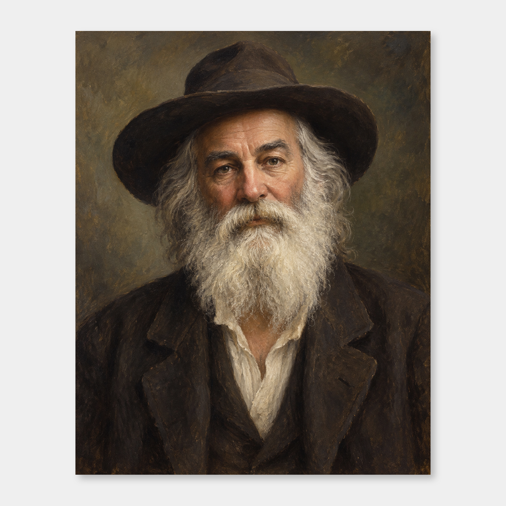 Walt Whitman in an original full-color oil portrait displayed on a neutral background