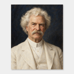 Mark Twain in an original full-color oil portrait displayed on a neutral background
