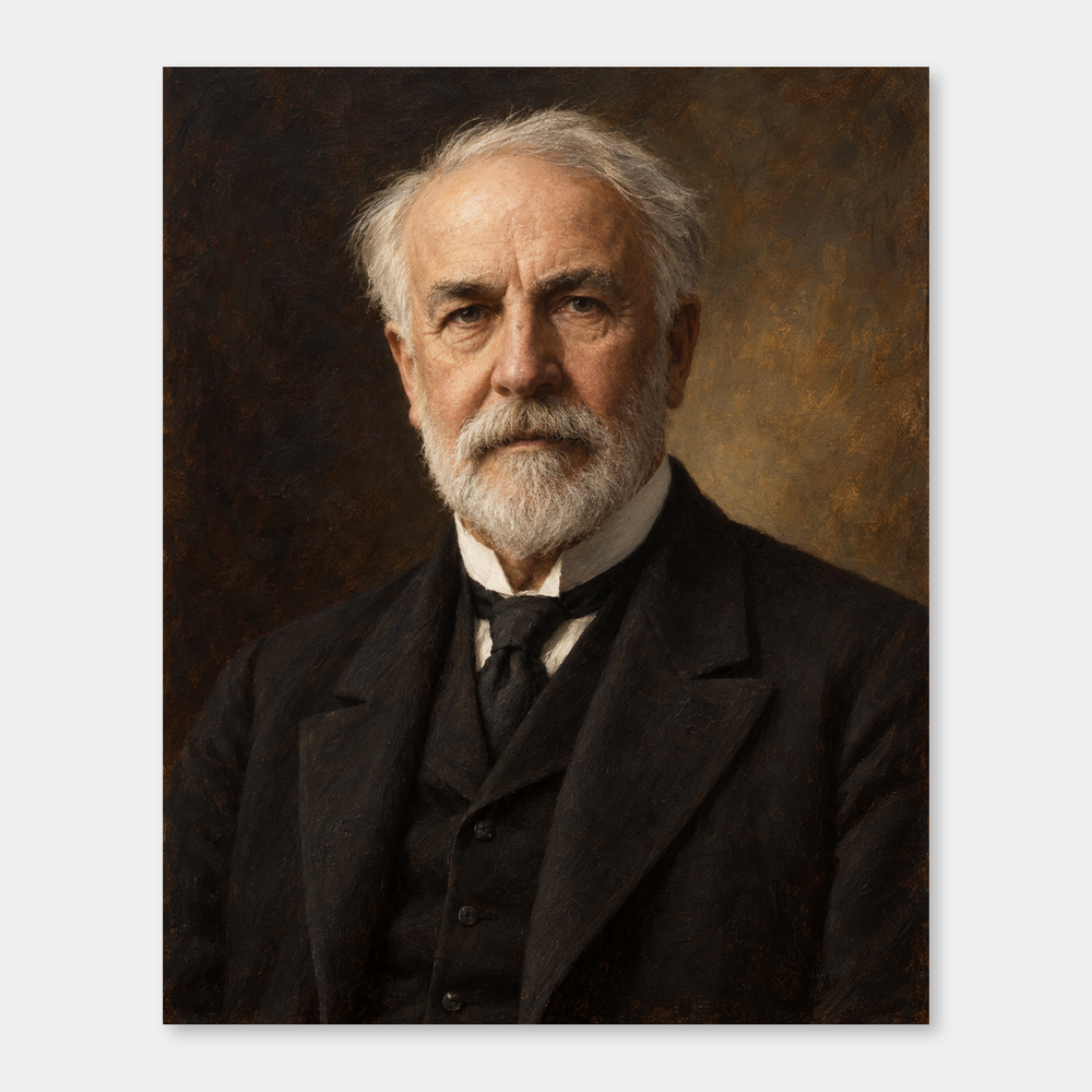 Thomas Edison in an original full-color oil portrait displayed on a neutral background