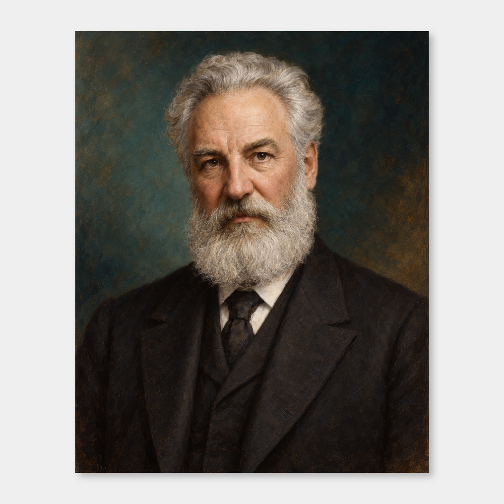 Alexander Graham Bell in an original full-color oil portrait displayed on a neutral background