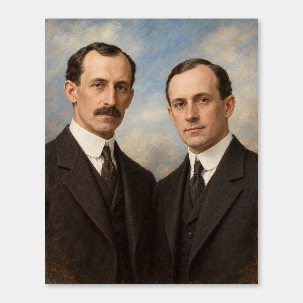 Wilbur and Orville Wright in an original full-color oil portrait displayed on a neutral background