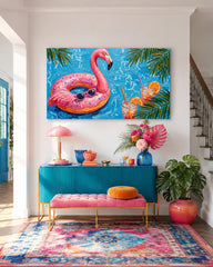 Vibrant Flamingo Pool Painting For Summer Home Decor With Retro Pop Art Style