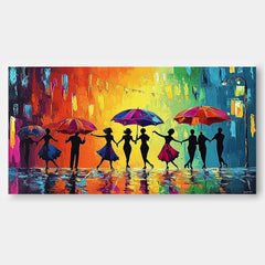 Expressive Rainy Street Modern Acrylic Painting Original People Silhouette Artwork Large Colorful Wall Art