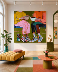 Square Canvas Artwork Depicting Modern Friendship Through Colorful Expressionist Style