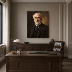 Thomas Edison oil portrait in a formal executive office