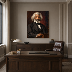 Frederick Douglass oil portrait in a formal executive office
