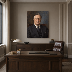 Franklin D. Roosevelt oil portrait in a formal executive office