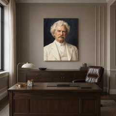 Mark Twain oil portrait in a formal executive office
