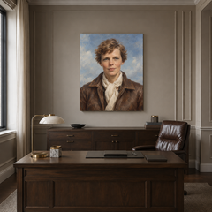 Amelia Earhart oil portrait in a formal executive office