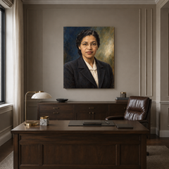 Rosa Parks oil portrait in a formal executive office