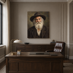 Walt Whitman oil portrait in a formal executive office