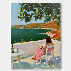 Serene Moments Wall Art Peaceful Woman Reading Book Near Ocean View Decoration
