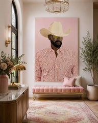 Modern Cowboy Portrait Painting Pink Textured Wall Art For Living Room Decor