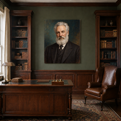 Alexander Graham Bell oil portrait in a traditional study
