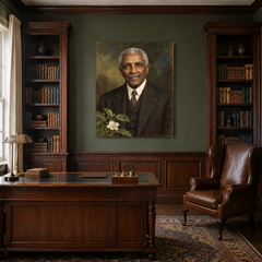 George Washington Carver oil portrait in a traditional study
