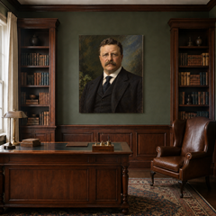 Theodore Roosevelt oil portrait in a traditional study