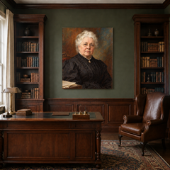 Elizabeth Cady Stanton oil portrait in a traditional study