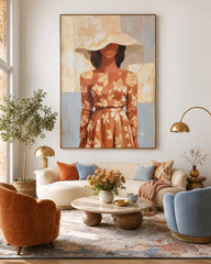 Elegant Female Portrait Painting With Floral Dress And Wide Brimmed Hat For Living Room Decor