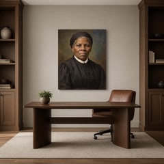 Harriet Tubman oil portrait in a refined home office