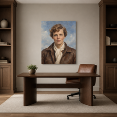 Amelia Earhart oil portrait in a refined home office