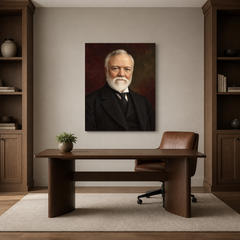 Andrew Carnegie oil portrait in a refined home office