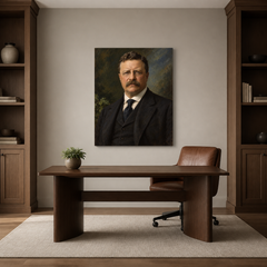 Theodore Roosevelt oil portrait in a refined home office