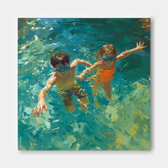 Vibrant Kids Swimming Oil Painting For Modern Family Living Room Decor