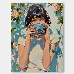Hand Painted Acrylic And Oil Canvas Of Girl Holding Vintage Camera