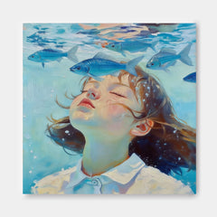 Hand Painted Square Canvas Art Girl Swimming With Fish Contemporary Interior Design