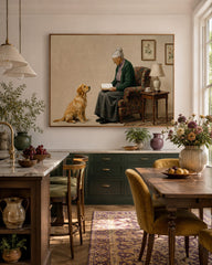 Vintage Style Oil Painting Of Elderly Woman Reading With Pet