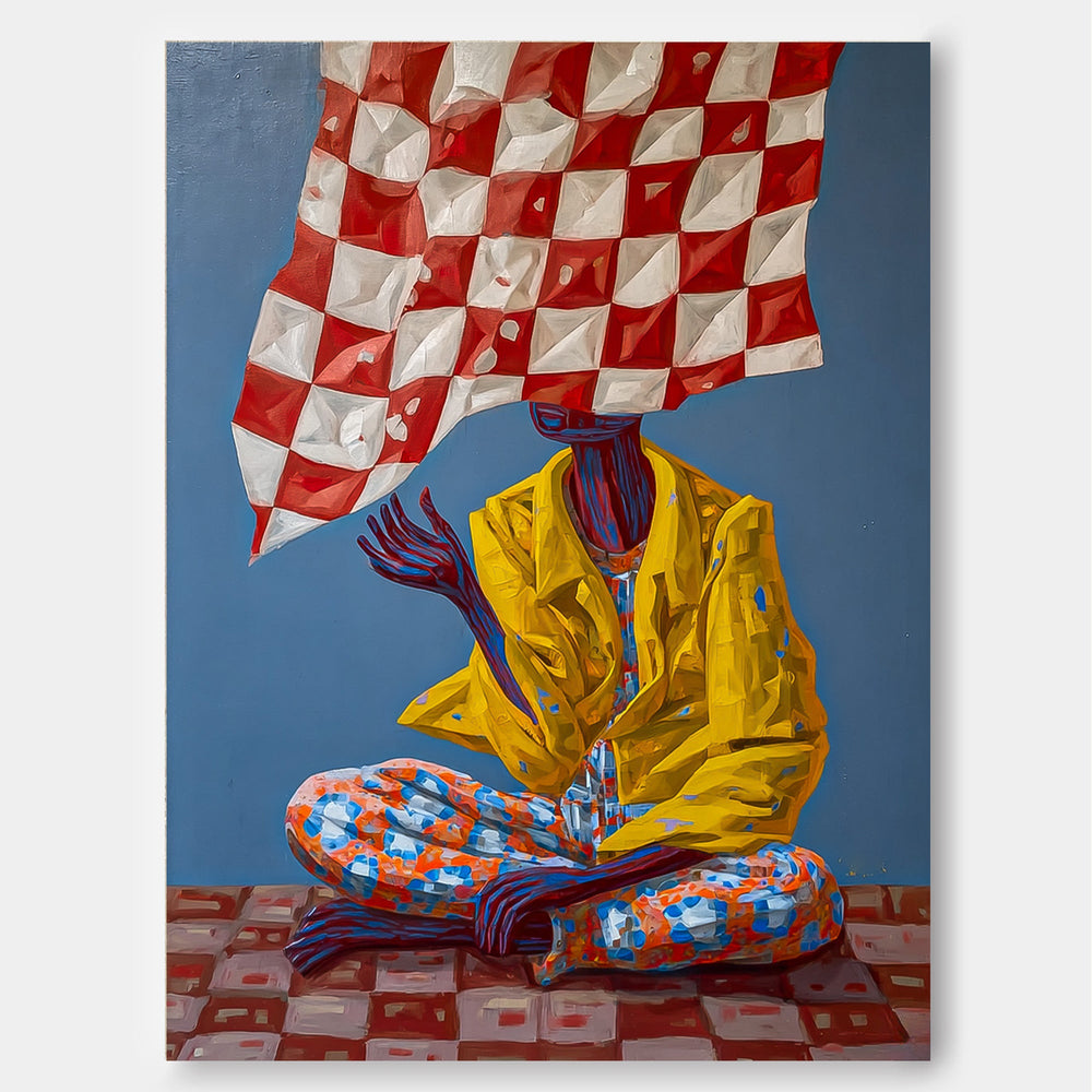 Original Surrealist People Painting With Bold Colors And Abstract Patterns For Modern Wall Art