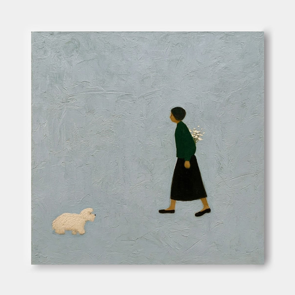 Minimalist Girl And Dog Painting Textured Grey Wall Art For Modern Home Decor