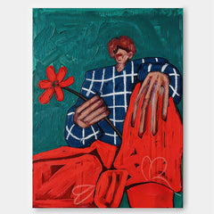 Quirky Male Portrait Art With Red Flower And Blue Grid Jacket For Modern Living Room