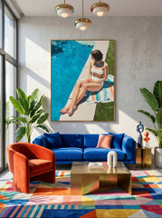 Woman By The Pool Original Oil Painting For Modern Living Room Decor