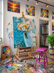 Underwater Bridal Floral Oil Painting With Fish And Bubbles For Modern Home Decor