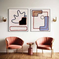Set of 2 Large Abstract Square Original Minimalist Lines Oil Paintings On Canvas Modern Wall Art Home Decor