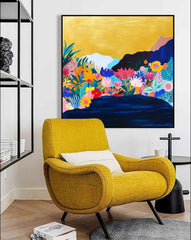 Large Illustration style Wall Art Floral Painting on Canvas Original Flower Bush Botanical Square Artwork