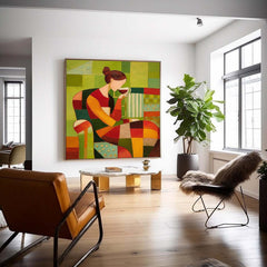 Lady Geometric Color Blocks Oil Painting Canvas Original Elegant Woman Wall Art Abstract Figure Artwork