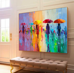 Colorful Umbrella Lady Canvas Wall Art Original Rainy Street Oil Painting Modern Artwork Home Decor