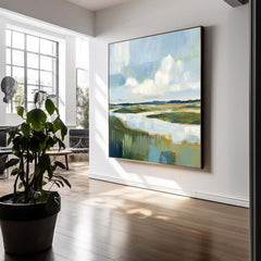 Abstract Lake Landscape Oil Painting Large Blue Texture Wall Art Framed Green Countryside Landscape Artwork