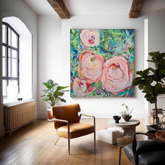 Square Large Abstract Flowers Art Flowers Acrylic Painting Canvas Original Floral Artwork For Living Room