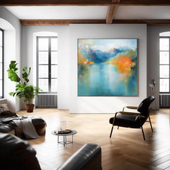 Ink Style Texture Painting Abstract Landscape Oil Painting Modern Blue Dreamscape Lake Natural Artwork