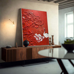 Bright Red Oil Painting Modern Thick Texture Crane Oil Painting Impressionist Crane Animal Wall Art