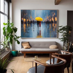Yellow Umbrella Couple Canvas Wall Art Rainy Street Oil Painting Style for Romantic Modern Room Decor
