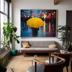 Yellow Umbrella Girl Canvas Wall Art Rainy Street Oil Painting Style for Romantic Modern Room Decor