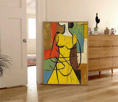 Large Cartoon Lines Painting Framed Original Lady Wall Art Abstract Yellow Dress Artwork Home Decor