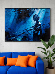 Underwater Surrealism Oil Painting With Female Silhouette And Fish For Modern Home Decor
