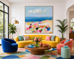 Vibrant Square Canvas Painting Of Seaside Scenery With Expressive Brushstrokes