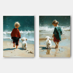 Modern Two Piece Wall Art Set Featuring Kids And Pets For Nursery